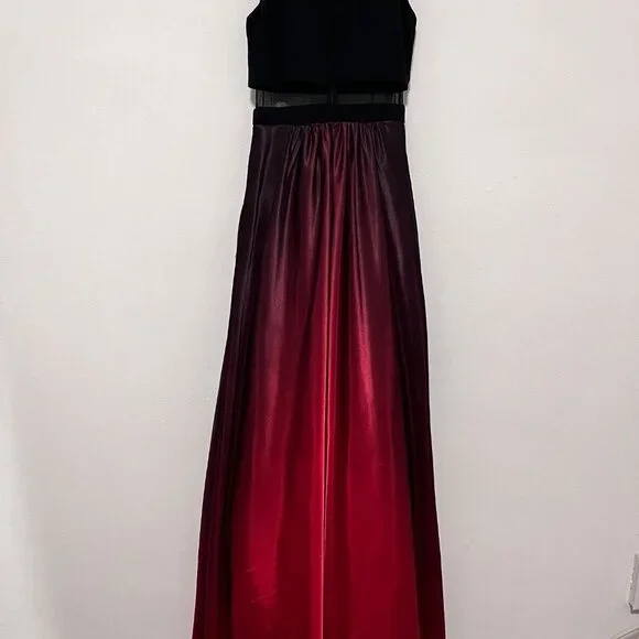 Two-Tone Black & Red Sleeveless Maxi Gown With Sheer Mesh Waist Detail And Gradi - Picture 10 of 15